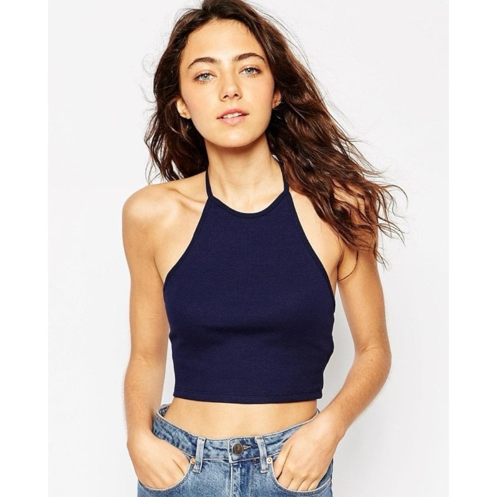 ASOS RIBBED HALTER STRING TIE TOP (NAVY BLUE)